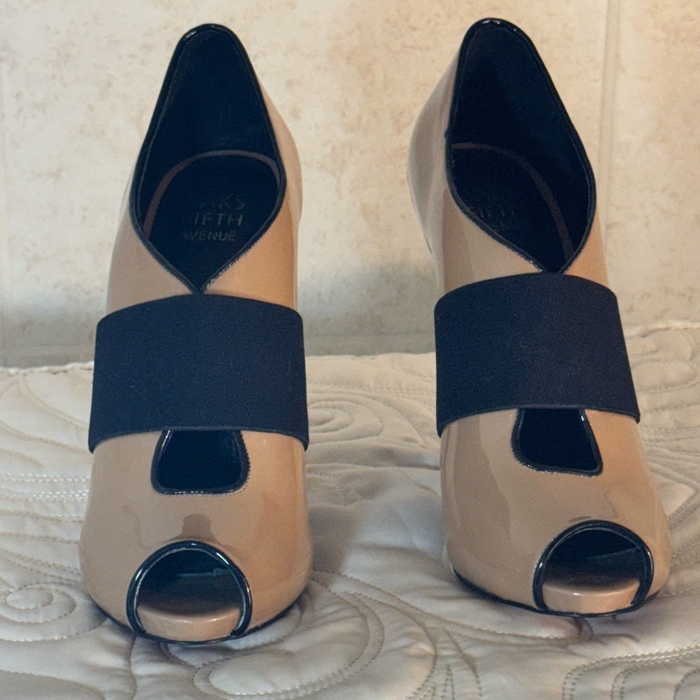 Saks Fifth Avenue Tan and Black Peep-Toe Heels